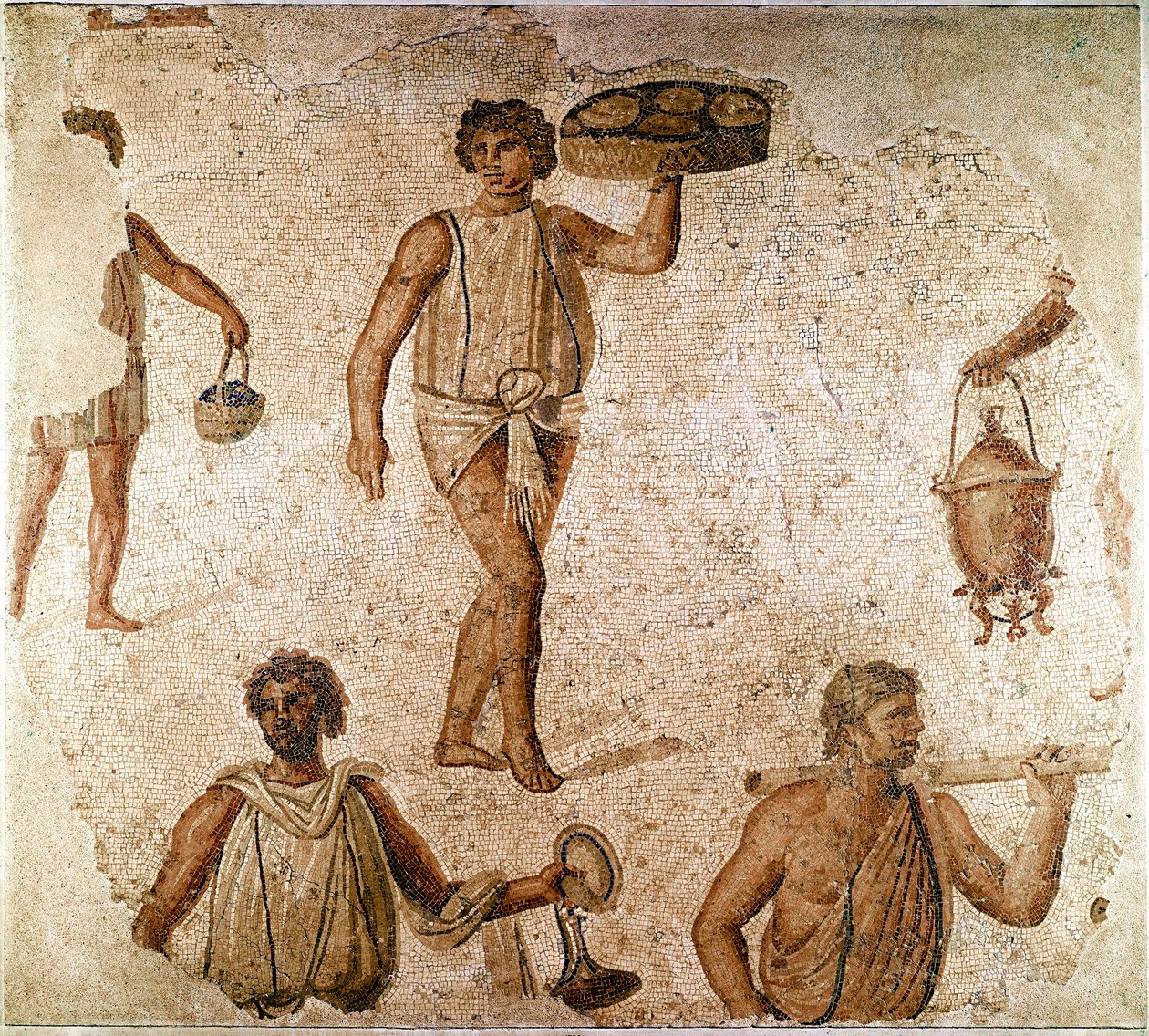Art romain : serviteurs à un banquet. Fragment de mosaïque de Carthage, Tunisie. 180-190 ap. J.-C. Paris, Musée du Louvre - Roman