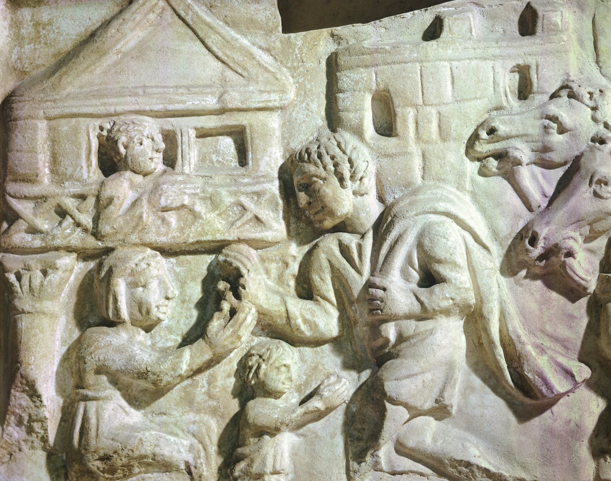 Scène de chasse au cerf avec des filets, Scarcophage romain, IVe siècle (relief) - Roman
