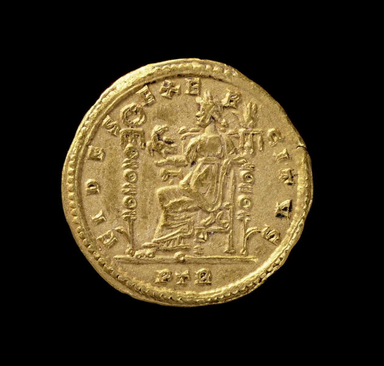 Solidus (revers) de Constantin Ier le Grand (306-337 apr. J.-C.) représentant Fides assise à gauche sur le trône. Inscription : FIDES EXERCITVS - Roman