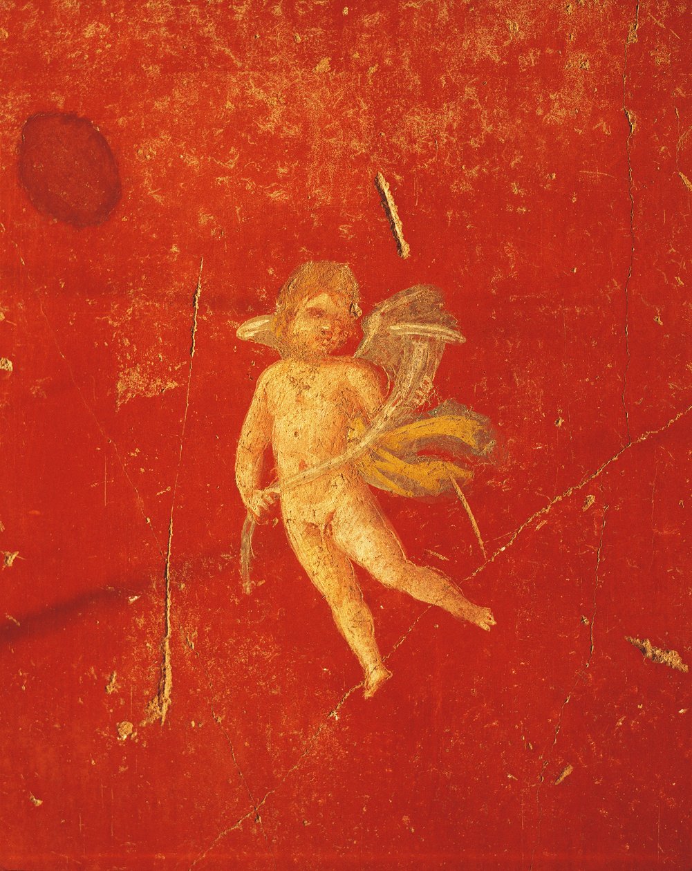 Chérubin sur fond rouge pompéien, fresque en quatrième style pompéien, de la Maison de Pinario Ceriale, Pompéi, Campanie, Civilisation romaine - Roman Roman