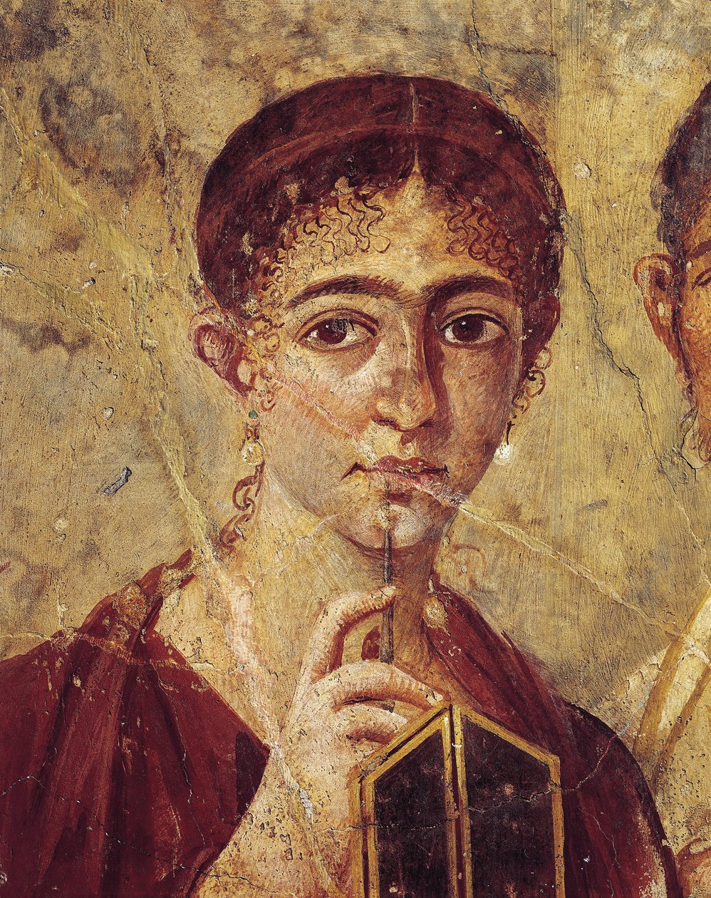 Portrait du boulanger Terentius Neo et de sa femme en tenue formelle, détail de la femme avec son stylet et son diptyque ouvert, Italie, Campanie, Pompéi, 55-79 après J.-C., peinture sur plâtre - Roman Roman