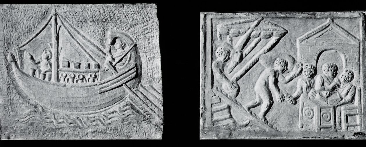 Relief représentant un navire marchand (Museo Nazionale, Rome) et relief représentant le déchargement d