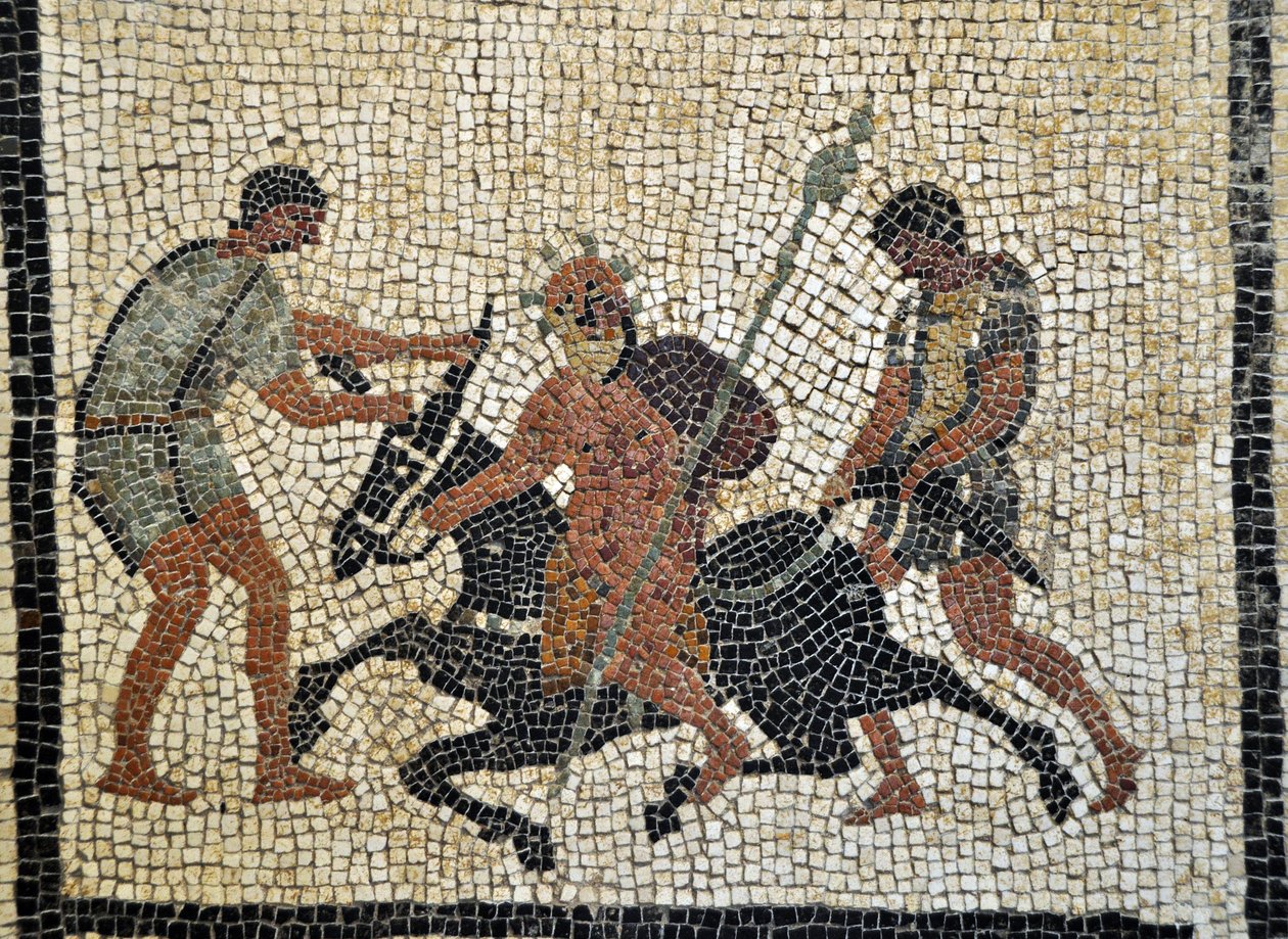 Silène ivre : Silène ivre monte un âne tenu par deux serviteurs. Mosaïque de Pompéi, maison de Paquius Proculus ou C. Cuspius Pansa - Musée archéologique de Naples, Italie - Roman Roman