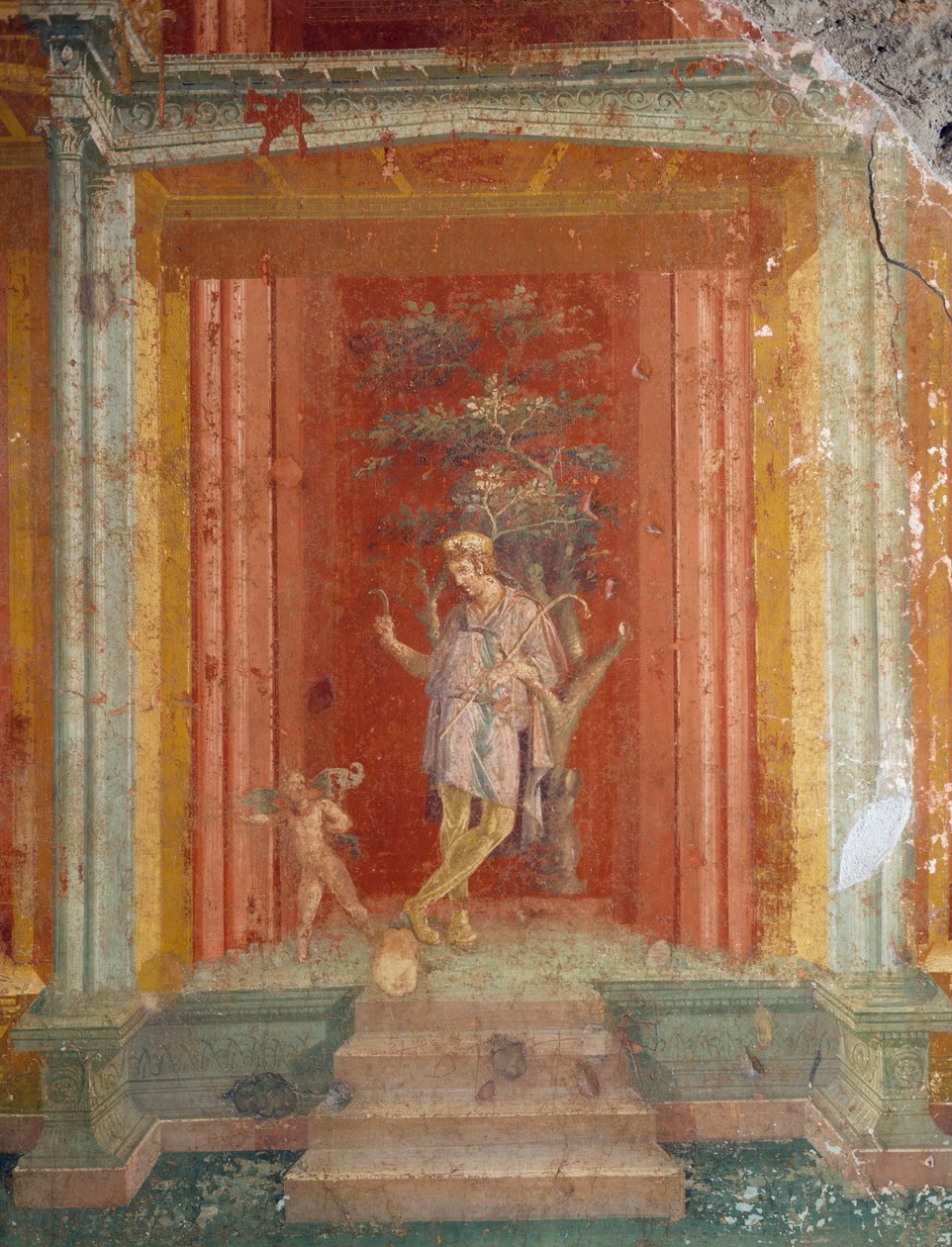 Scène de théâtre, fresque (IVe style) sur fond rouge de la Maison de Pinarius Cerialis, Pompéi (Liste du patrimoine mondial de l