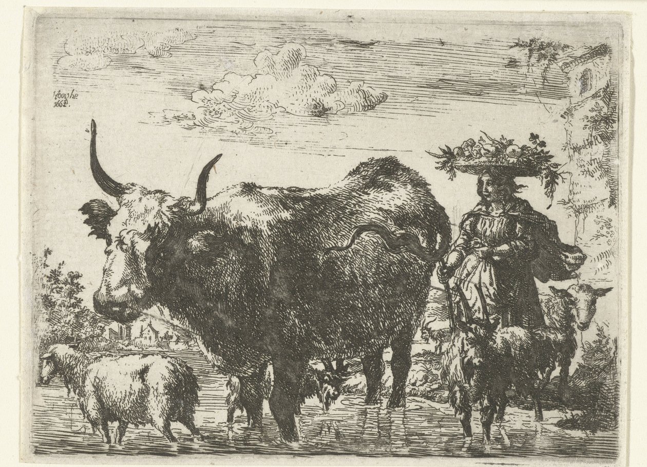 Bergère avec panier sur la tête, une vache, deux chèvres et deux moutons dans l