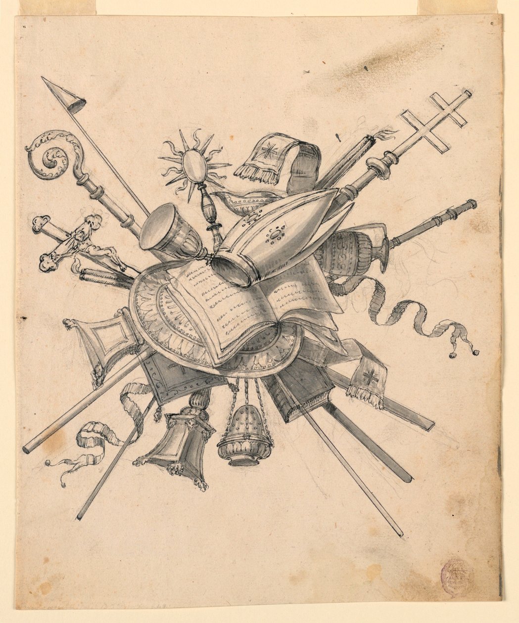 Dessin, trophée avec objets ecclésiastiques, 1830-1850 - Romolo Achille Liverani