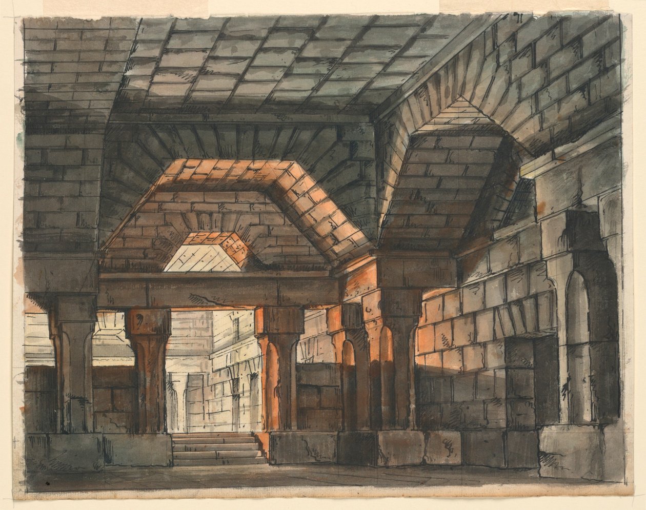 Décor de scène, intérieur de château fortifié pour "Ciro in Babilonia" de Gioachino Rossini, La Scala, Milan, 1818, "Prigione Sotterranea" - Romolo Achille Liverani