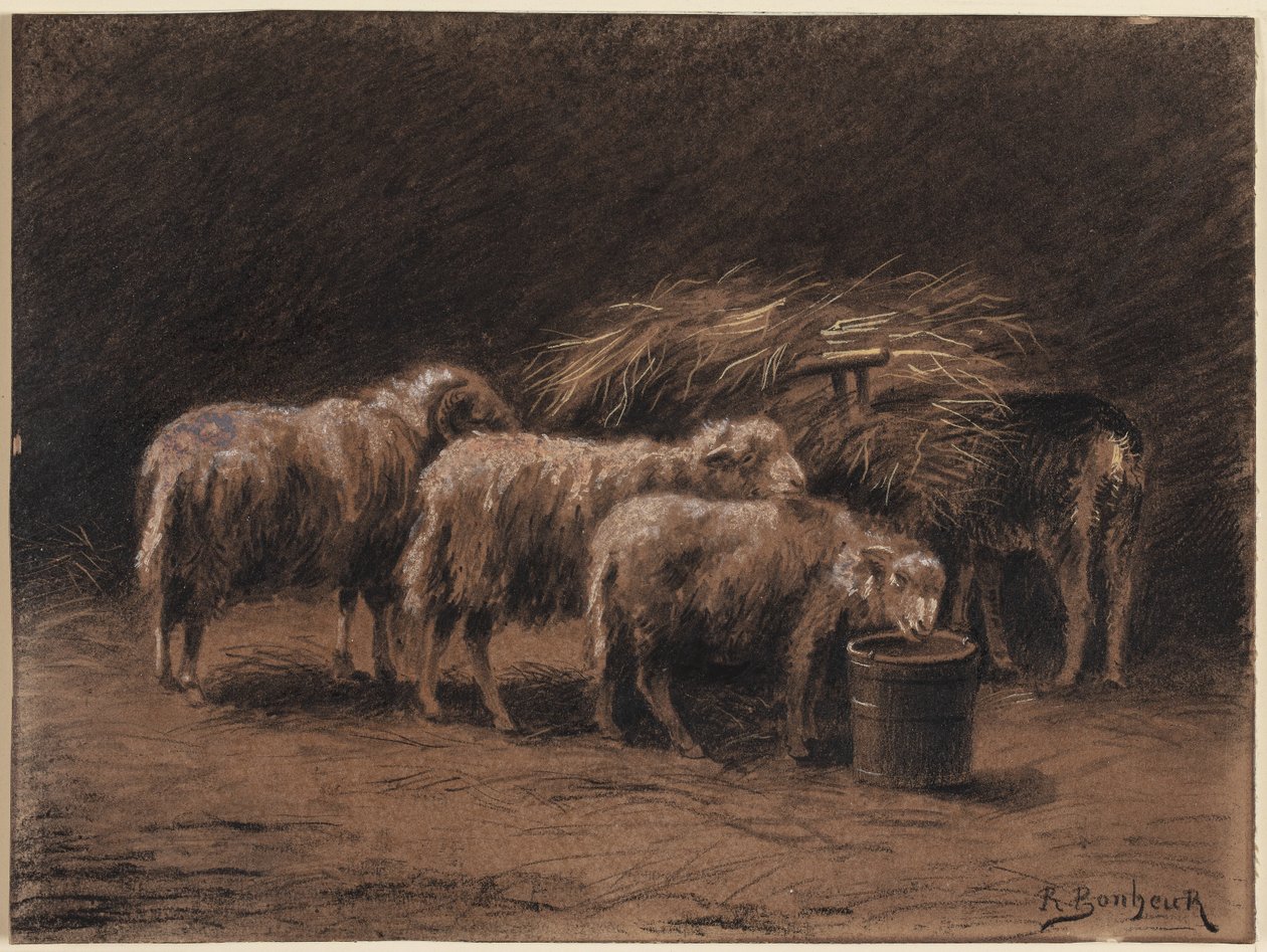 Un couple de moutons et un bélier dans une étable - Rosa Bonheur