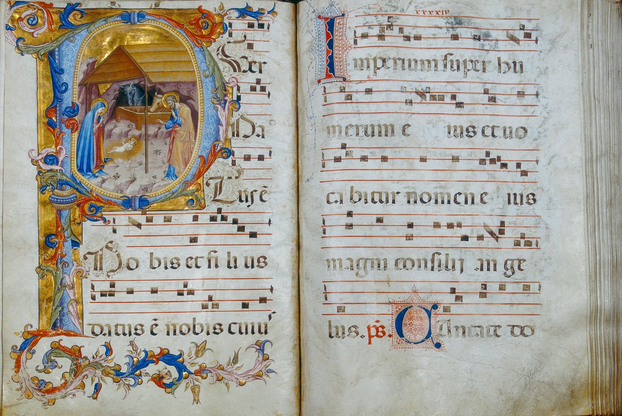Livre de chœur « D », exposé dans la cathédrale de Santo Stefano : une initiale historiée représentant la Nativité, c.1429-35 - Rossello di Jacopo Franchi