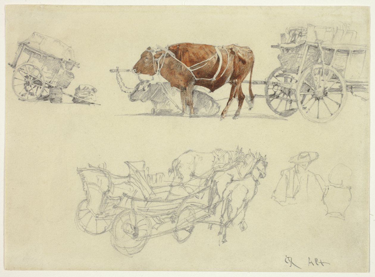 Études sur les chariots de paysans slovaques avec bœufs et chevaux - Rudolf von Alt