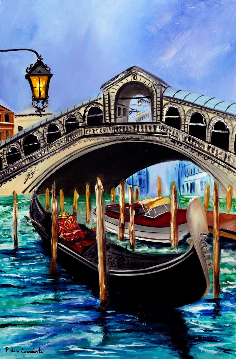 Gondoles sur le pont du Rialto à Venise, 2023 (huile sur toile) - Ruslana Levandovska