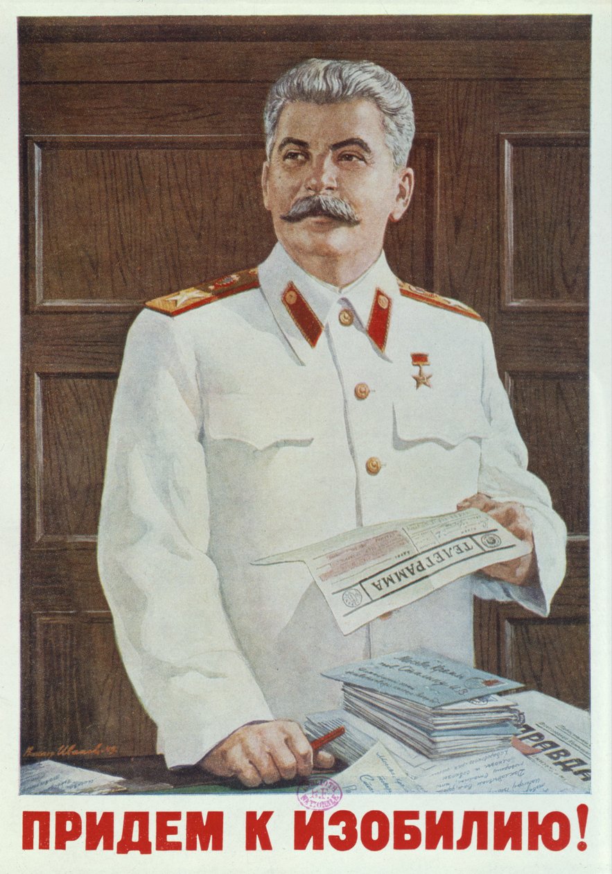 Affiche soviétique de Staline lisant un télégramme, 1949 - Russian School