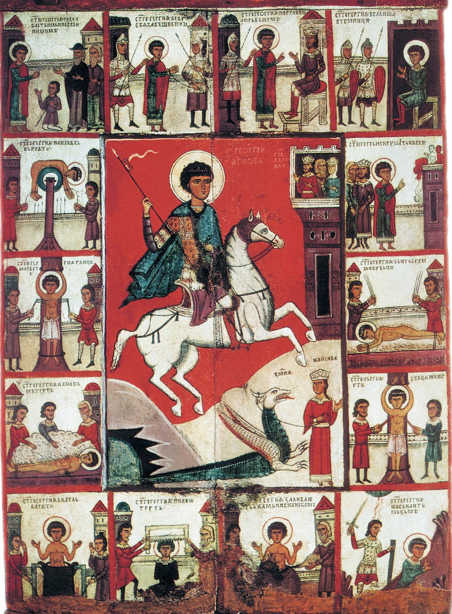 Saint Georges avec des scènes de sa vie, 14ème siècle - Russian icon.