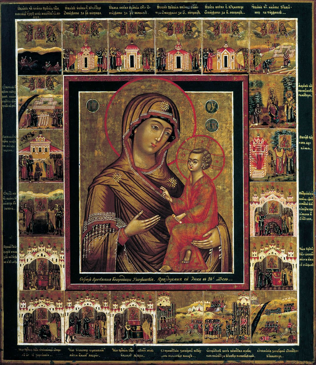La Vierge de Tikhvin avec Scènes de Bordure - Russian icon.