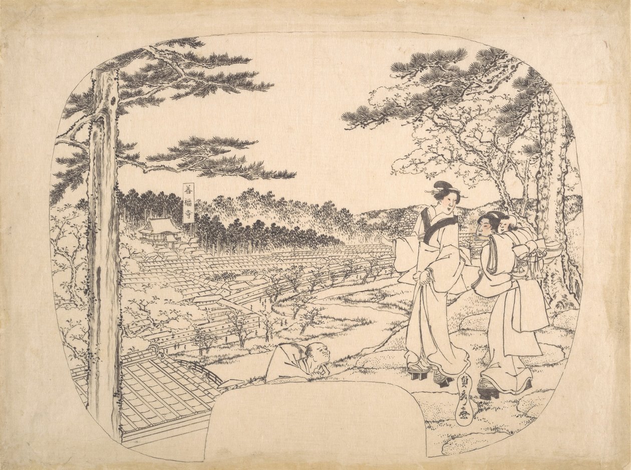 Deux femmes admirant les vues depuis un point de vue...le temple Zenpukuji, 19ème siècle - Sadahide Utagawa