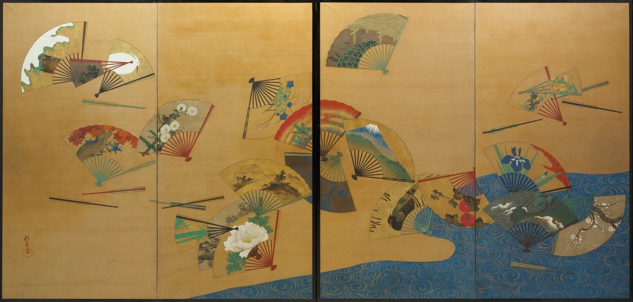 Eventails et ruisseau, période Edo, vers 1820-28 (encre, couleur, or et argent sur soie) - Sakai Hoitsu