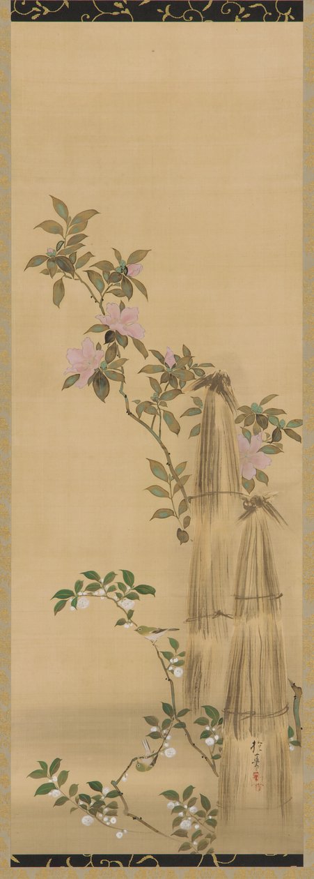 Fleurs roses et blanches et couvertures de paille, période Edo, 1761-1828 - Sakai Hoitsu