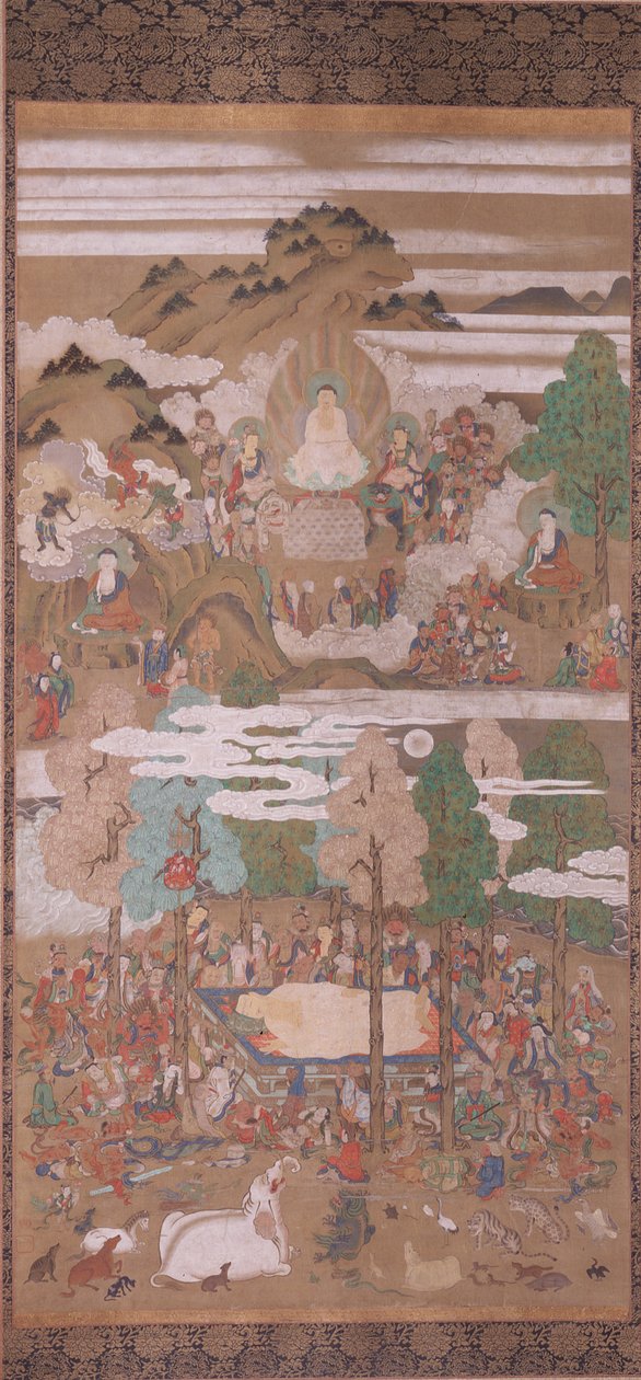 Mort du Bouddha Sakyamuni (encre, couleur et or sur soie) - Sakon Sadatsuna