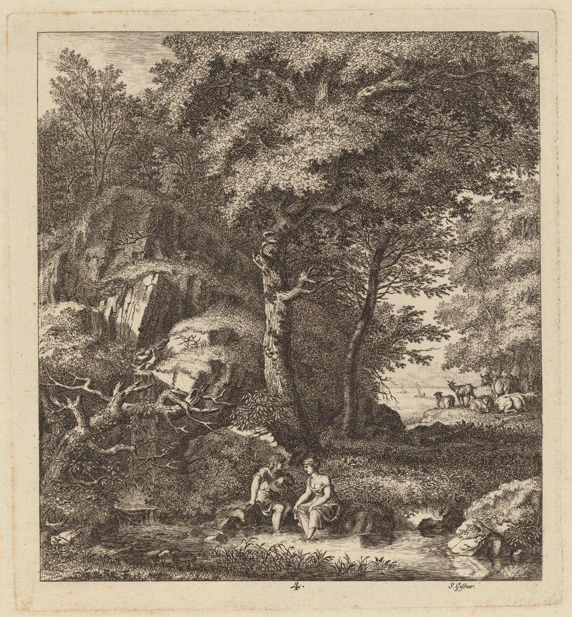 Un berger et une jeune femme avec leurs pieds dans un ruisseau, 1764 - Salomon Gessner