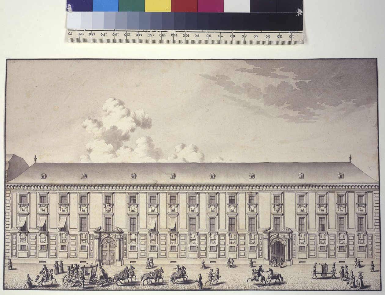 Pleine page : vue de face du palais de Nos (dessin à la plume) - Salomon Kleiner