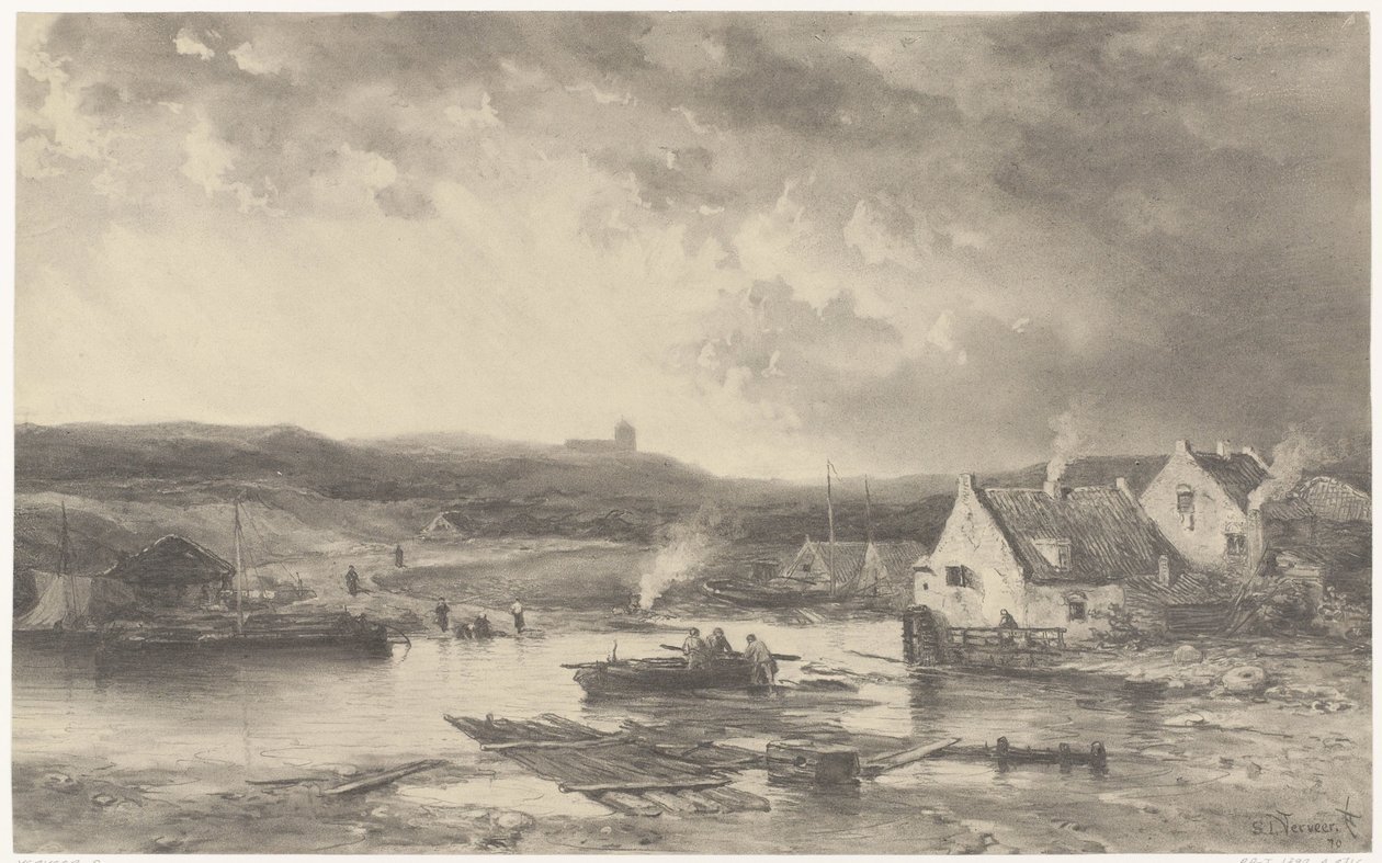 Paysage fluvial avec quelques maisons et un moulin à eau - Salomon Leonardus Verveer