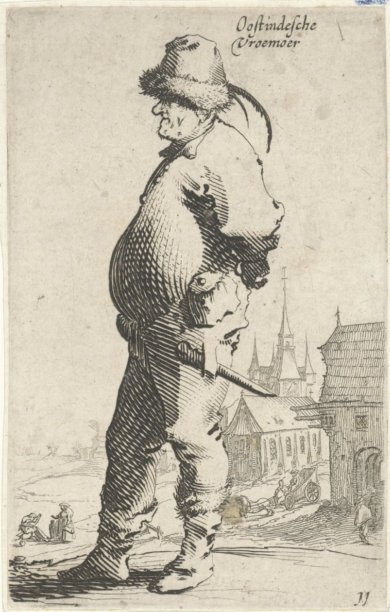 Homme de profil, avec une église et un bâtiment avec galerie en arrière-plan (Oostindesche vroemoer, La vie des paysans) - Salomon Savery