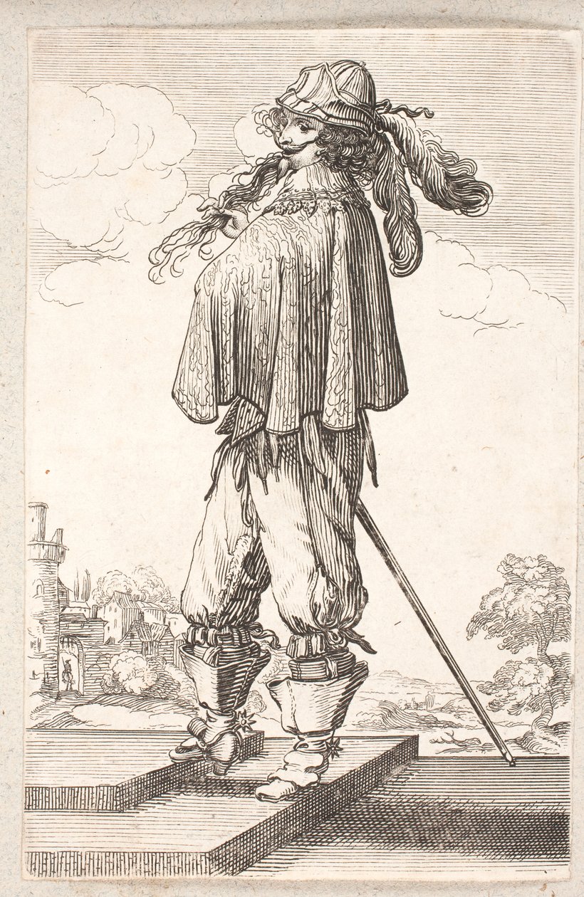 Homme, profil vers la gauche, avec épée et chapeau à plumes, montant deux marches - Salomon Savery
