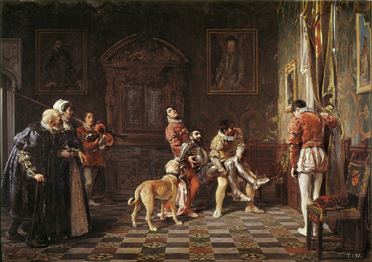 Retour du tournoi. Un jeune chevalier blessé est ramené au palais, soutenu par deux pages. - Salvador Martinez Cubells