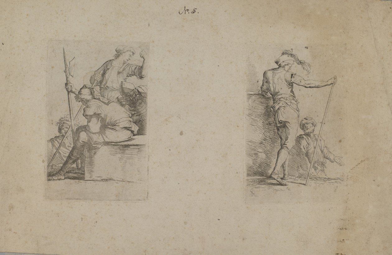 (Série de figurines) Homme assis, vu de dos, tenant une hache - Salvator Rosa