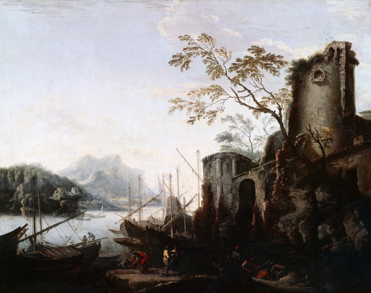 Paysage marin avec tours, navires et ruines - Salvator Rosa