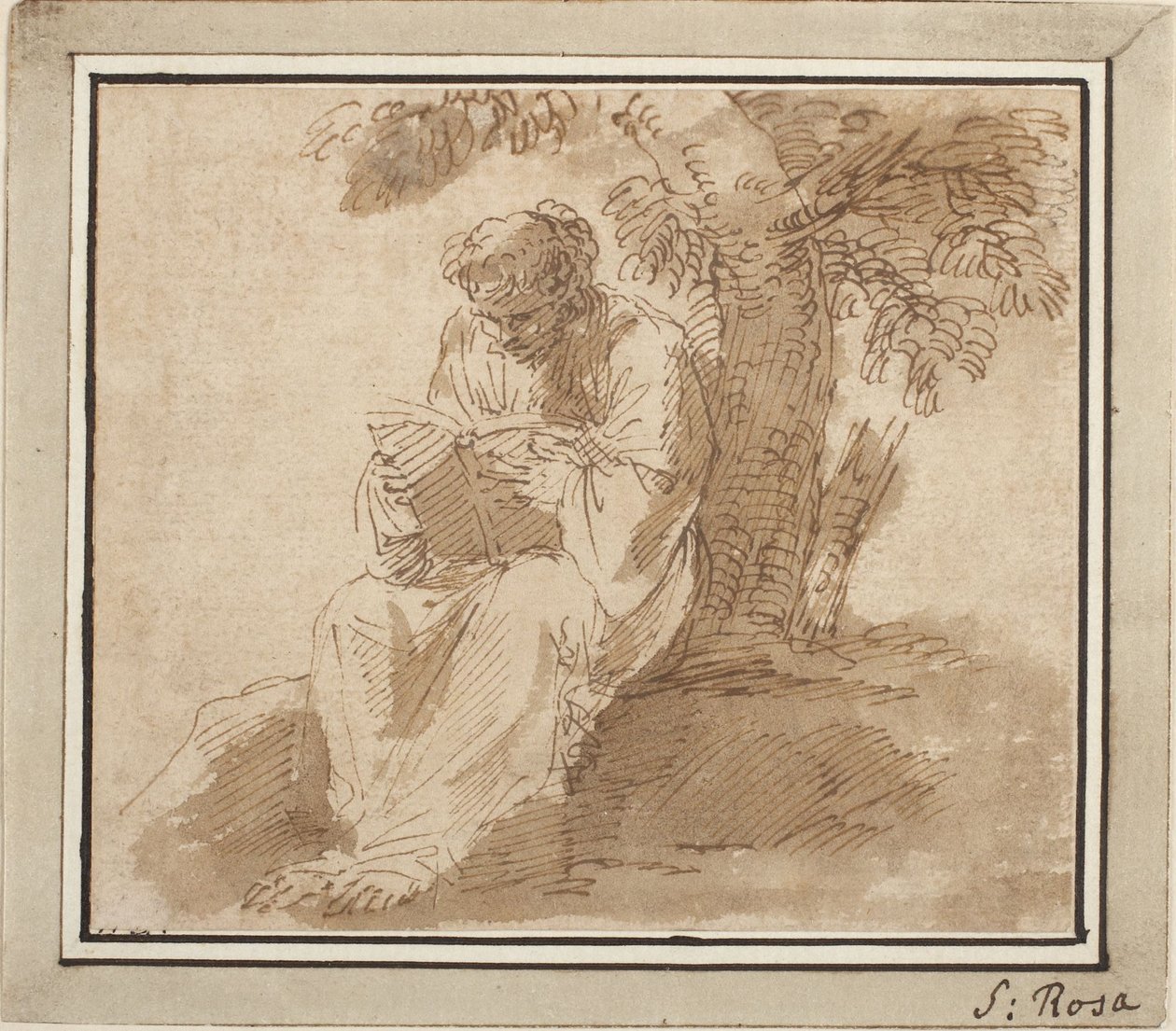 Jeune personnage assis, en train de lire sous un arbre - Salvator Rosa