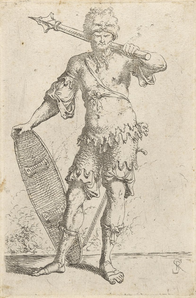 Guerrier exotique debout portant un bonnet de tête de lion, tenant une masse et un bouclier, c.1656-57 - Salvator Rosa