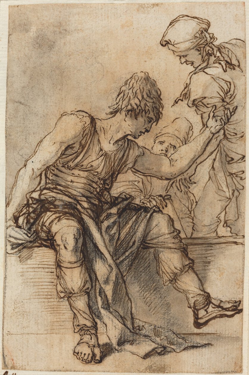 Un jeune assis sur un mur en train de discuter avec deux hommes - Salvator Rosa
