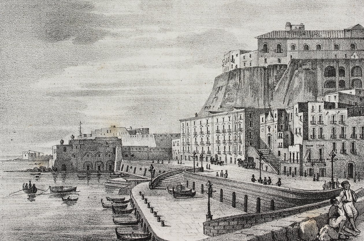 Vue de Borgo Santa Lucia, Naples, Campanie, Italie, lithographie de Salvatore Puglia de Poliorama Pittoresco, n 36, 15 avril - Salvatore Puglia