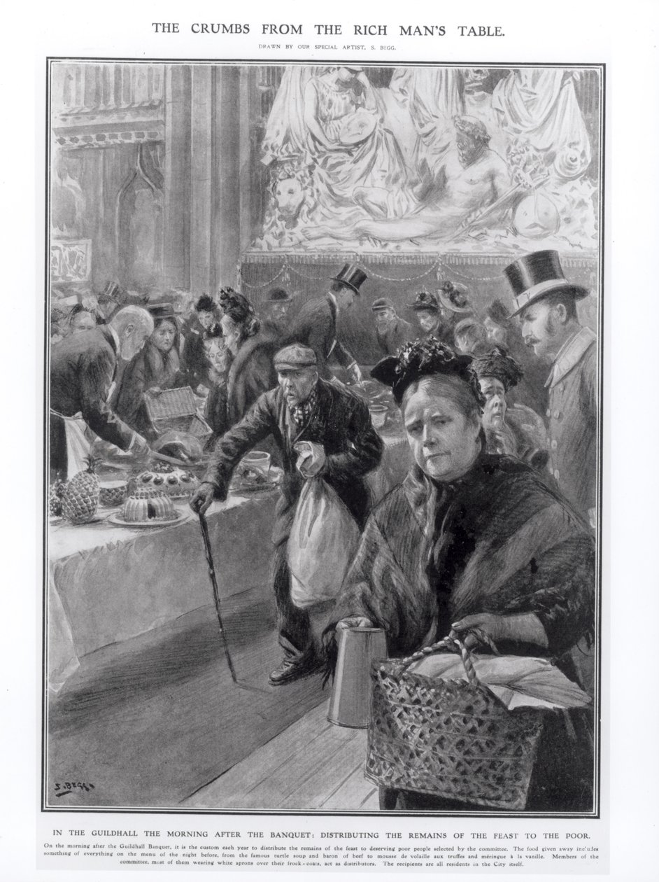 Les miettes de la table du riche : distribution des restes du festin aux pauvres dans le Guildhall le matin après le banquet, 1908 - Samuel Begg