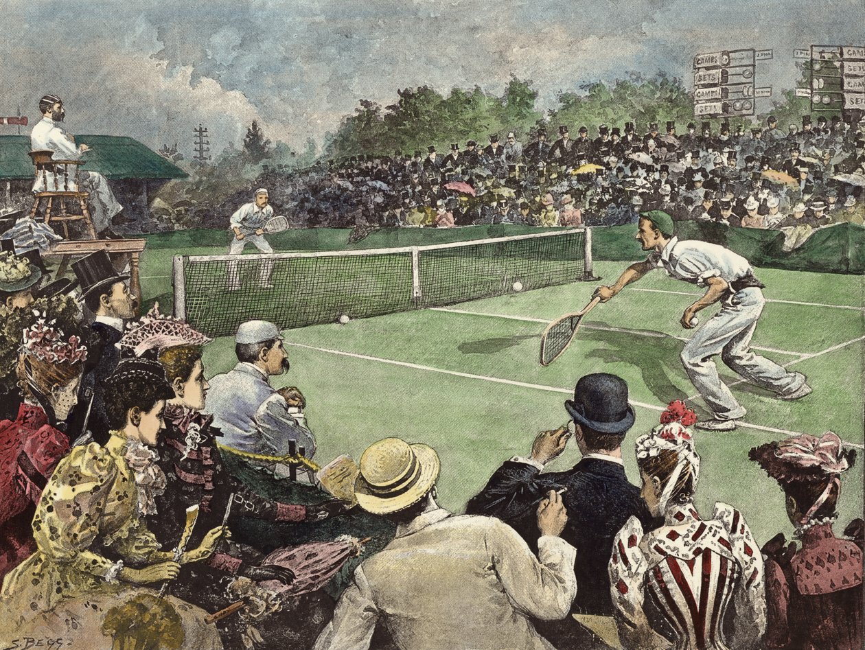 Le championnat de Lawn Tennis à Wimbledon en 1891, MM. W Baddeley et J Pim en compétition pour les finales (gravure en couleur) - Samuel (after) Begg