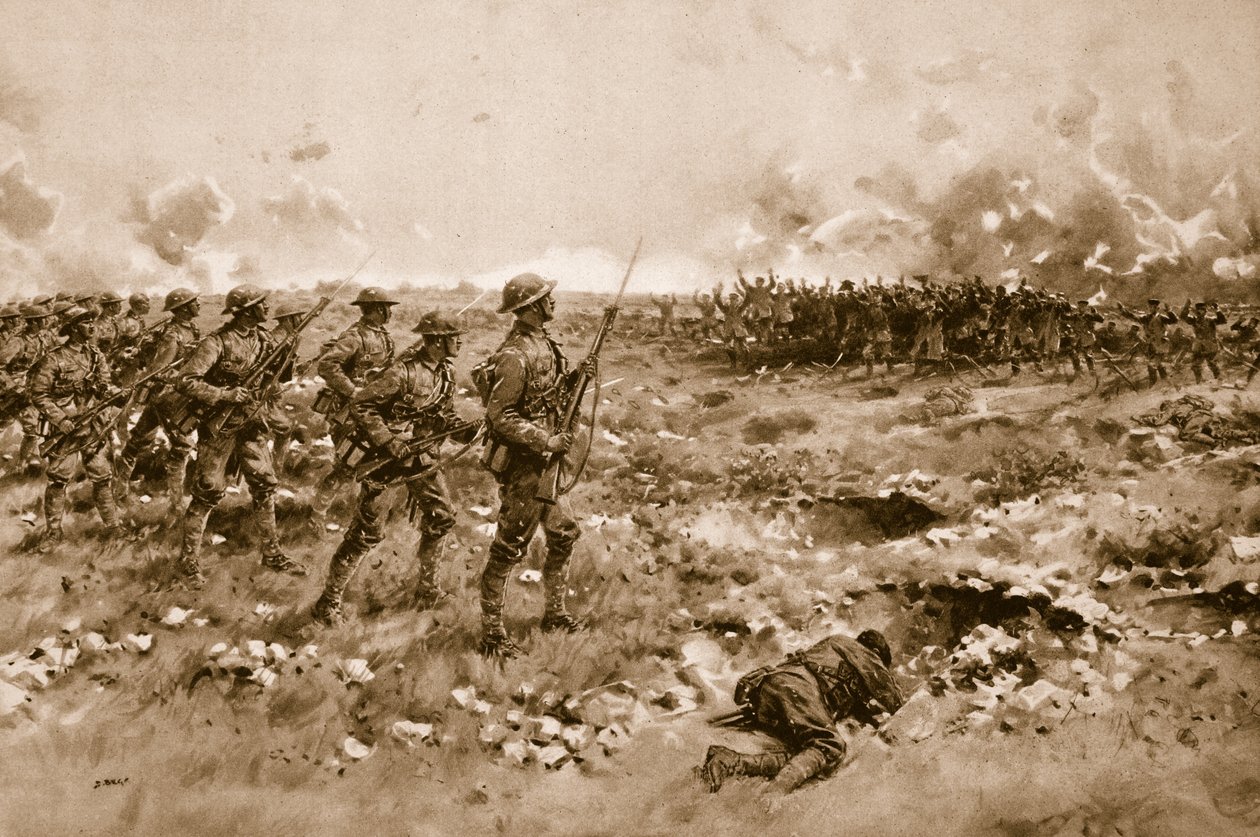 Leur dernier espoir : des soldats allemands démoralisés implorent la clémence des troupes britanniques avancées (litho) - Samuel (after) Begg