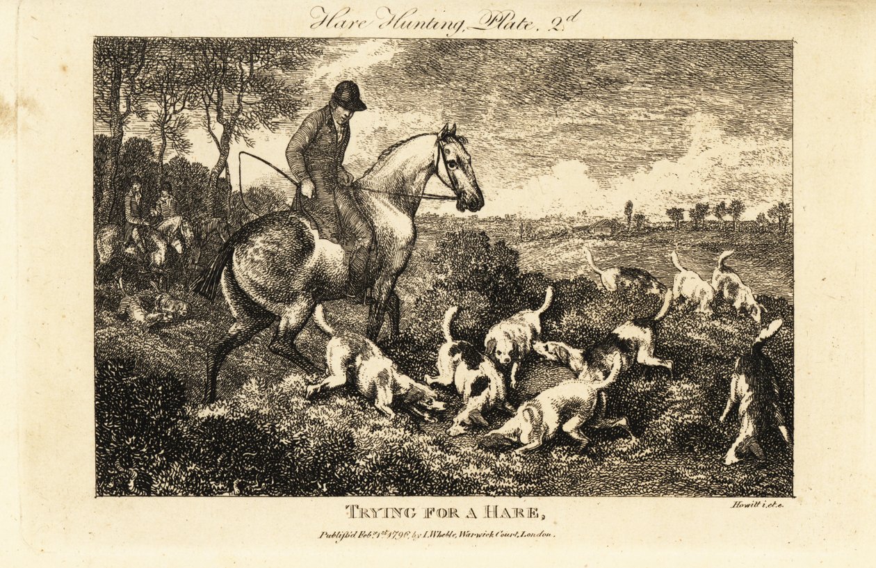 Chasseur monté regardant une meute de chiens creuser pour des lièvres - Samuel (after) Howitt
