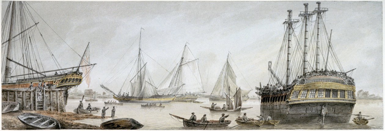 Un navire indien en réparation sur la Tamise, avec une description des activités ordinaires des chantiers navals royaux à Deptford - Samuel Atkins
