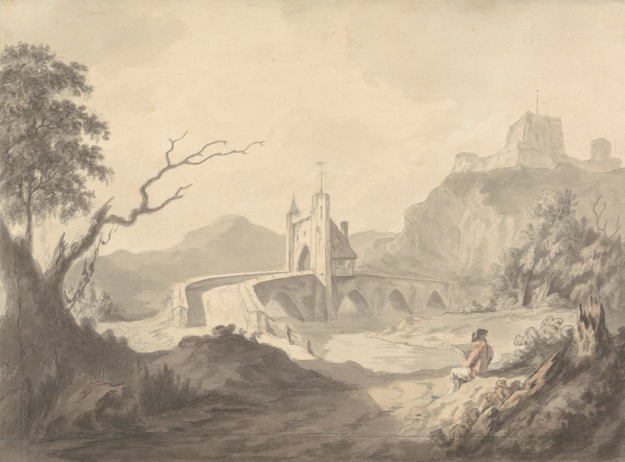 Scène de rivière et pont avec artiste dessinant au premier plan - Samuel Davis