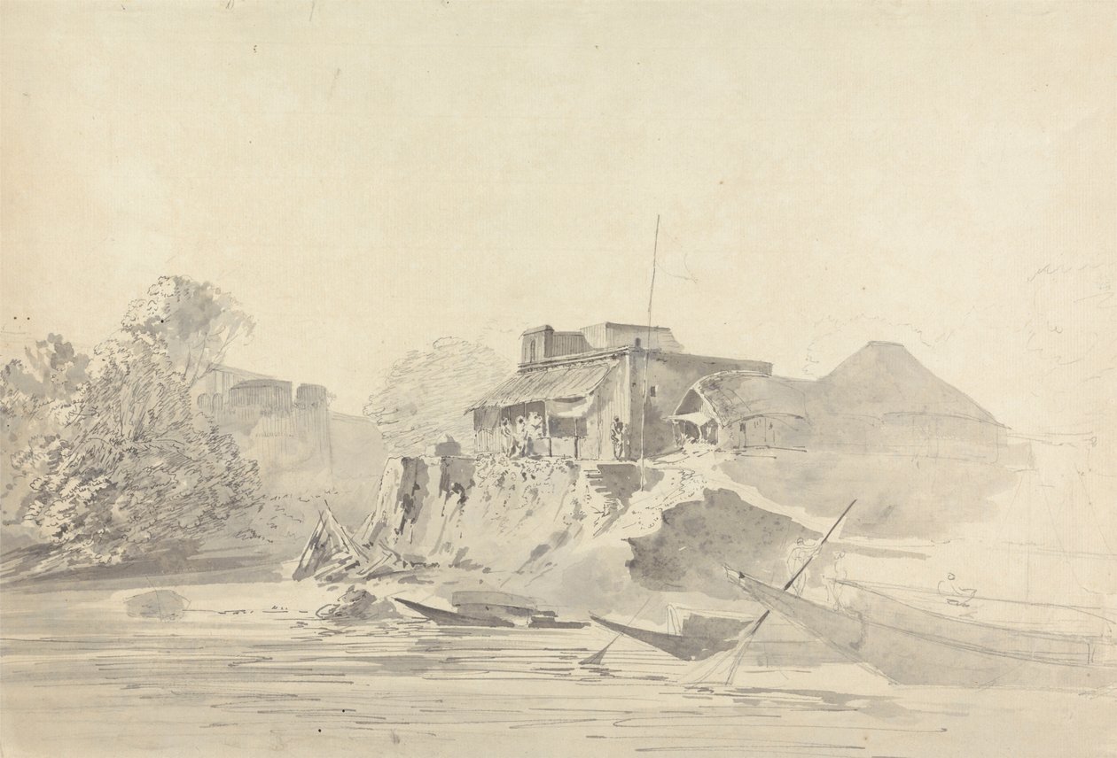 Scène de rivière avec bâtiments indigènes - Samuel Davis