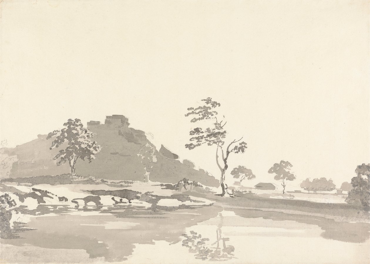 Scène de rivière avec un fort sur une colline au loin - Samuel Davis