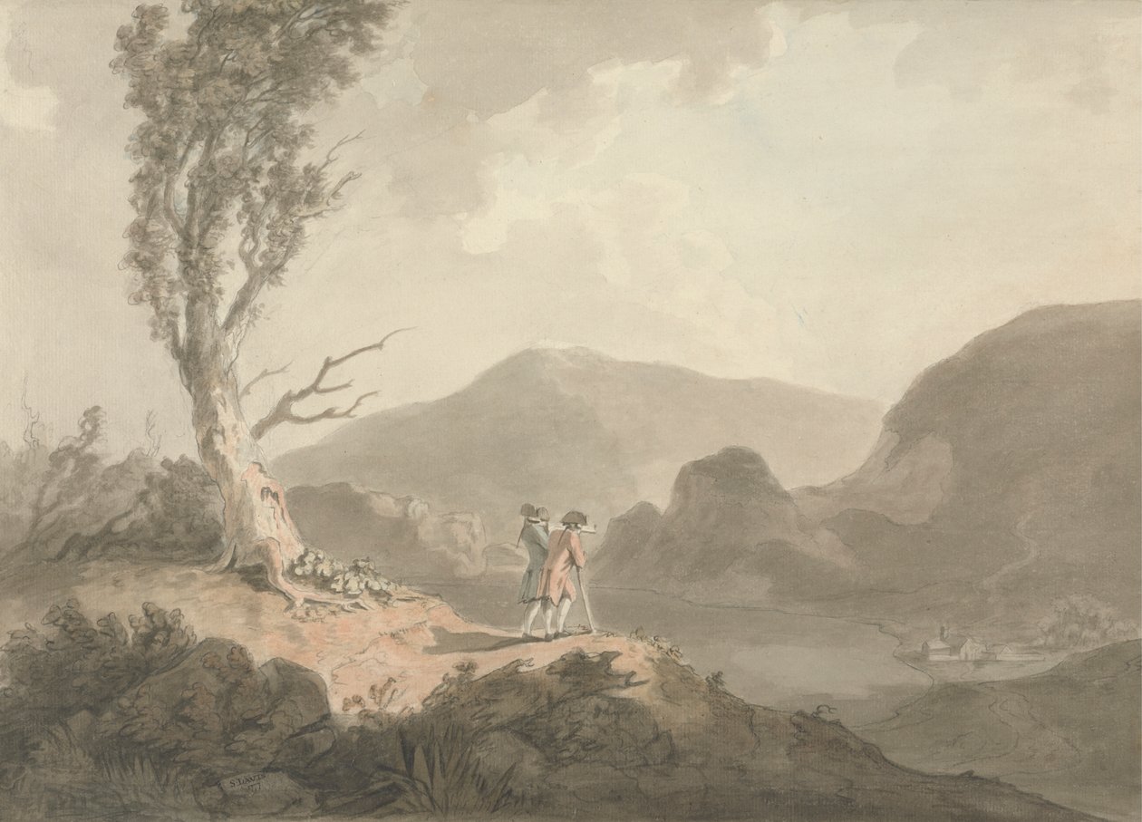 Deux hommes avec télescope regardant à travers une rivière - Samuel Davis