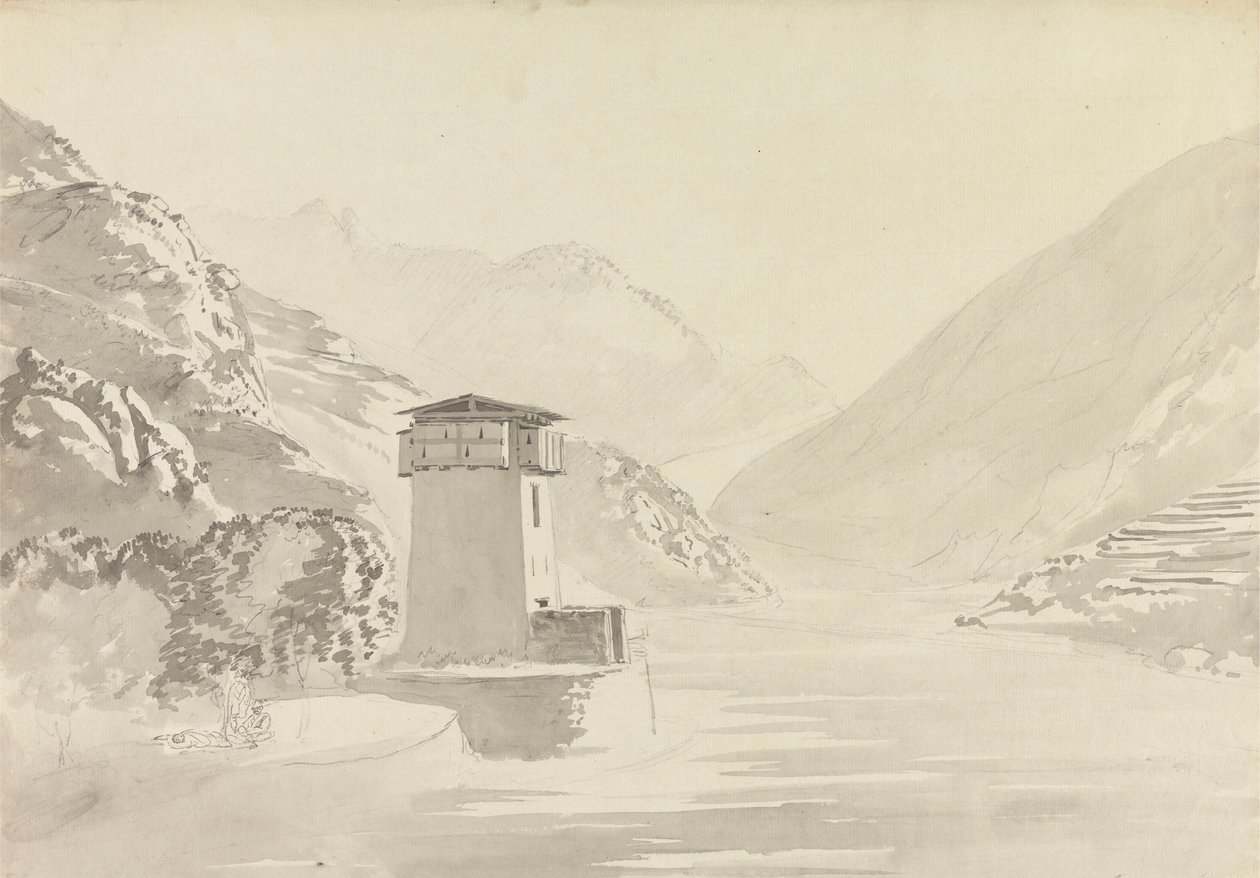 Vue du pont à Wandepore [Wangdu Phodrang] - Samuel Davis