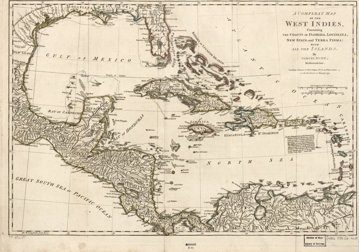 Carte complète des Indes occidentales contenant les côtes de la Floride, de la Louisiane, de la Nouvelle-Espagne et de Terra Firma : Avec toutes les îles. - Samuel Dunn