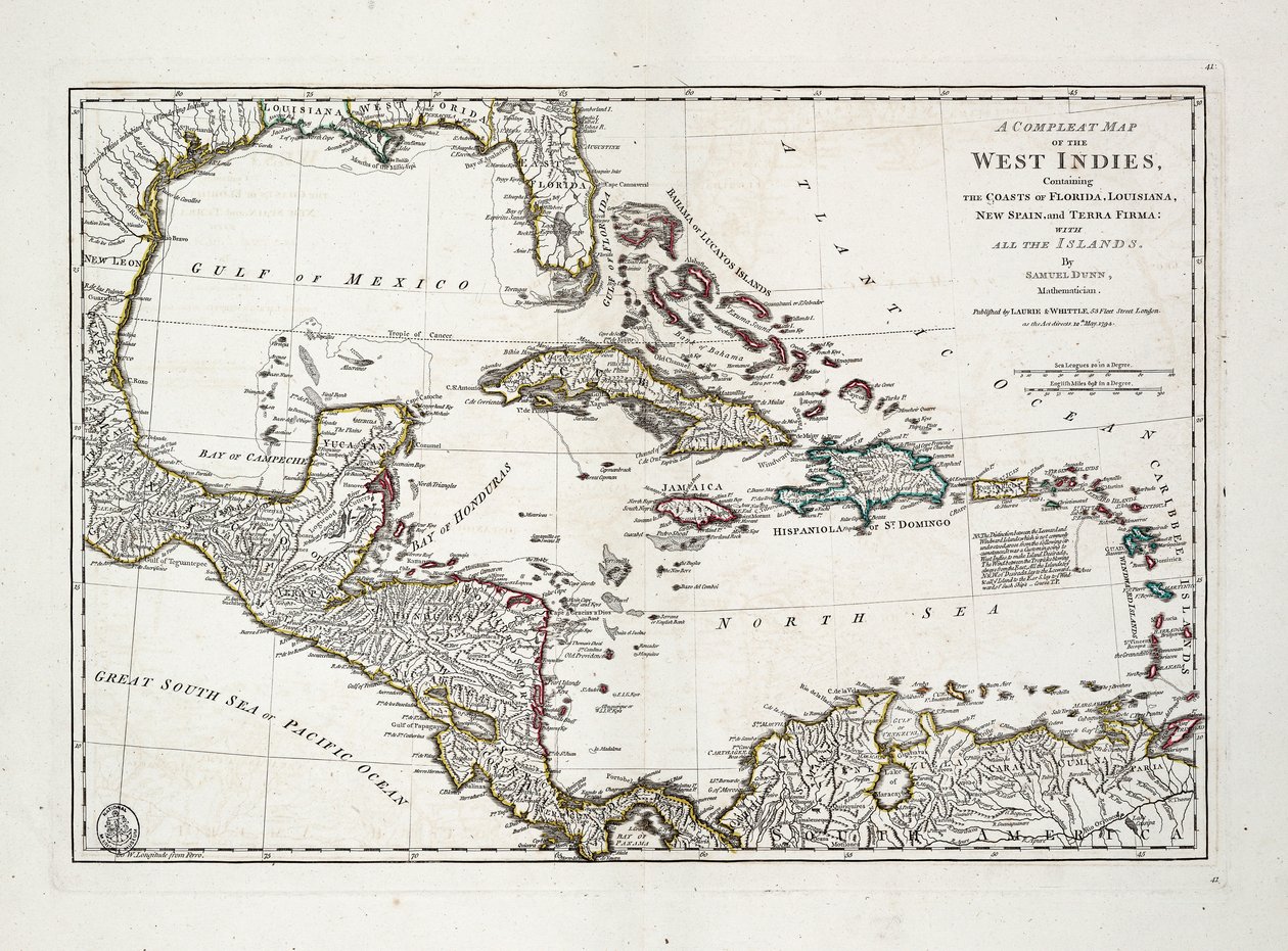 Carte complète des Antilles contenant les côtes de la Floride, de la Louisiane, de la Nouvelle-Espagne et de la Terre Ferme avec toutes les îles - Samuel Dunn