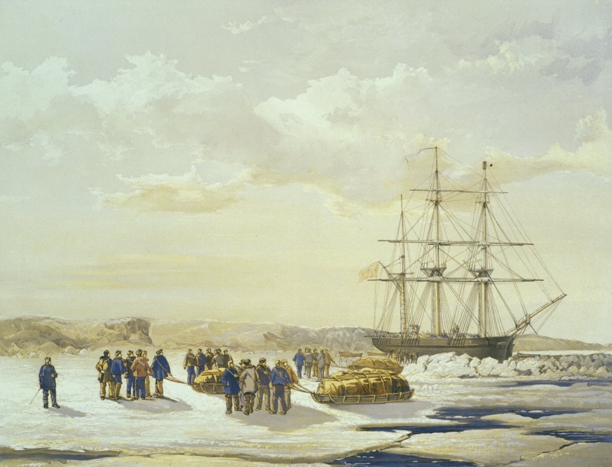 Fête en traîneau quittant le H.M.S. Investigator dans la baie de Mercy, 15 avril 1853, gravé par E. Walker, publié par Ackermann et Co., 1854 - Samuel Gurney Cresswell