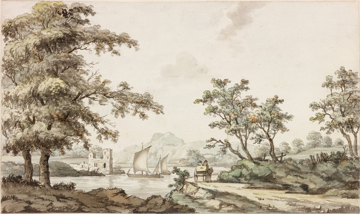 Une rivière avec des voiliers et une charrette à cheval - Samuel Henry Alken