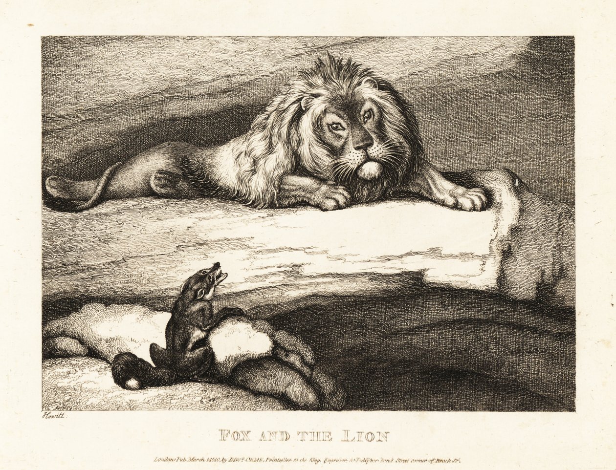 Un renard approchant imprudemment un lion mâle dans son antre. 1811 - Samuel Howitt