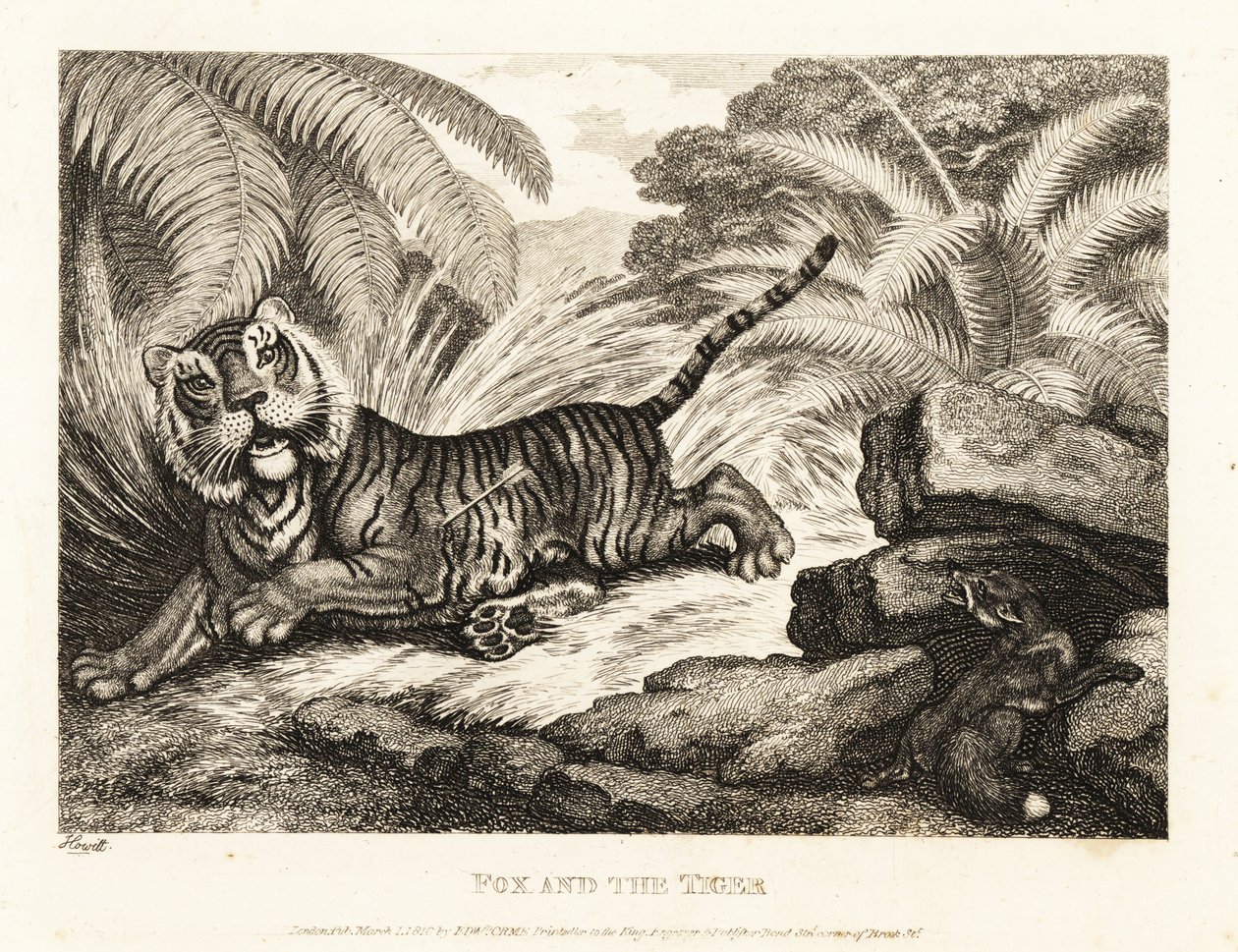 Un renard observe un tigre blessé. 1811 - Samuel Howitt